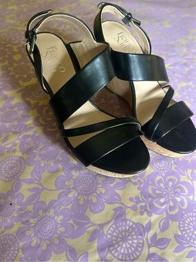 Franco Sarto Black Crisscross Wedge Sandals